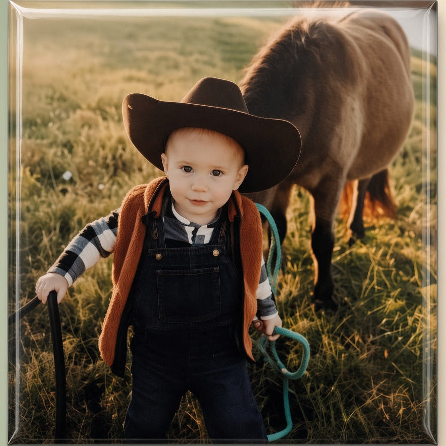 A square photo magnet depicting a toddler dressed as a cowboy in a field with a horse, shown with a glossy border and drop shadow against a neutral background.