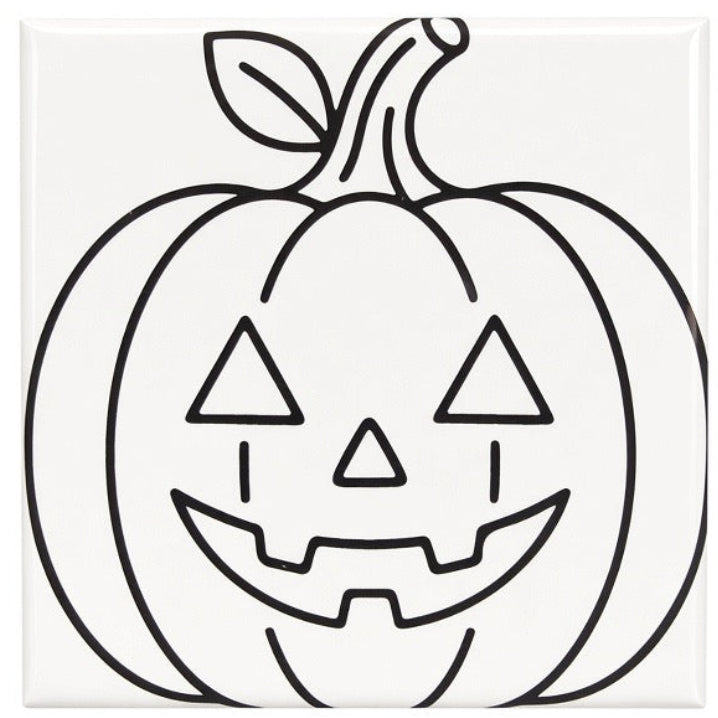 A square white coaster featuring a black line art illustration of a jack-o'-lantern pumpkin, centered on a solid white background.