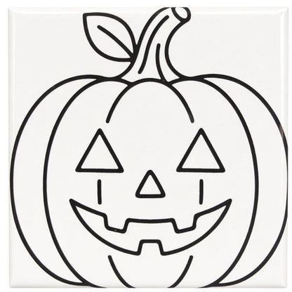 A square white coaster featuring a black line art illustration of a jack-o'-lantern pumpkin, centered on a solid white background.